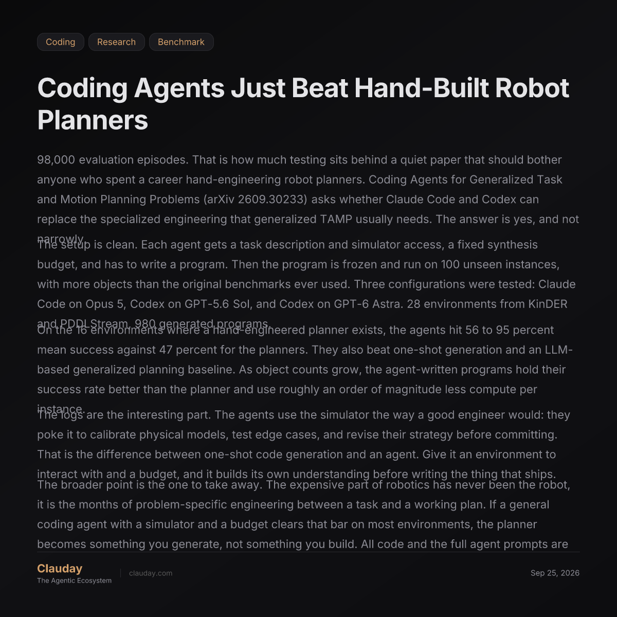 普林斯顿新研究：通用 coding agent 碾压手工机器人规划器