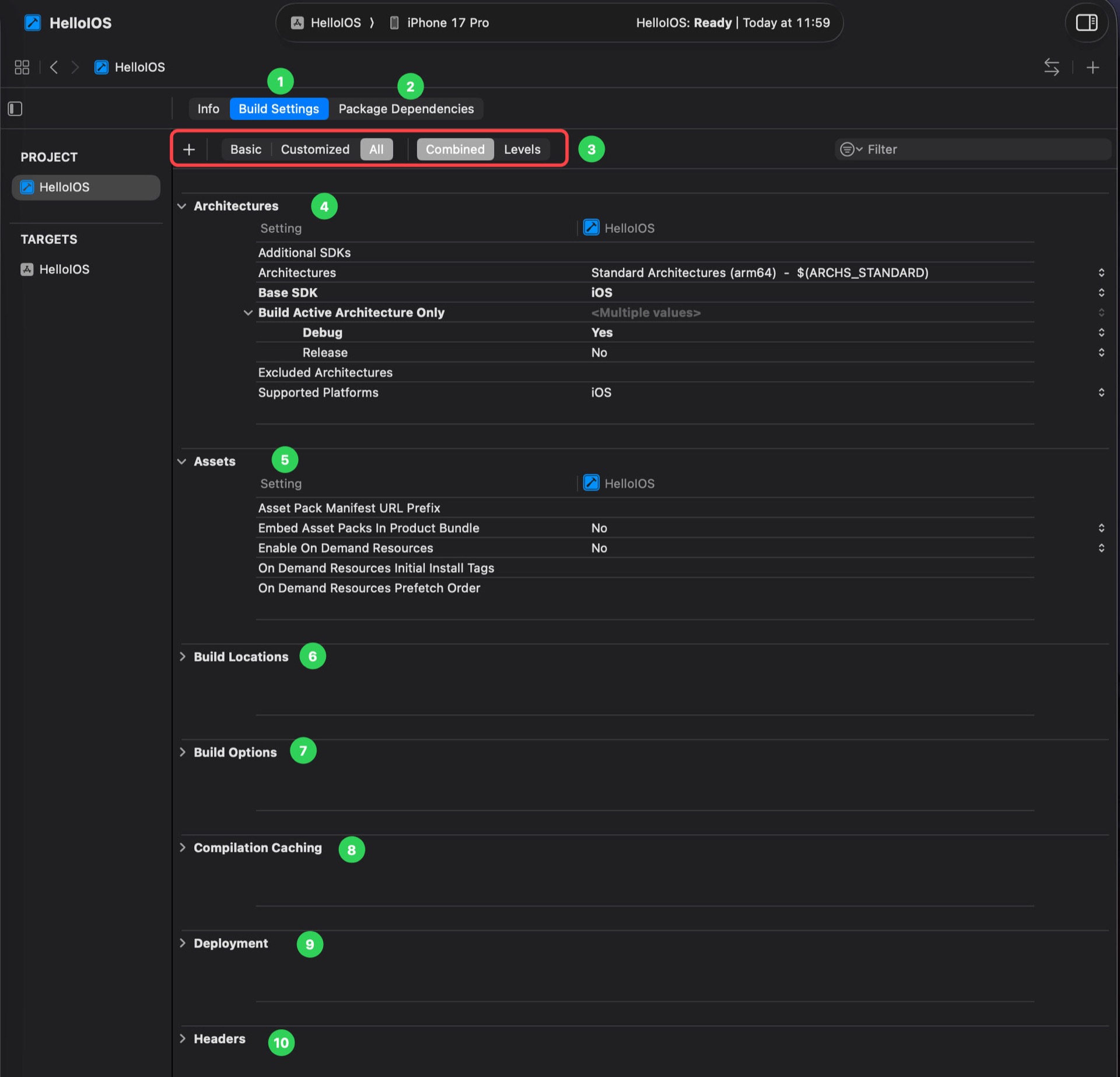 Xcode Build Settings 标注：页签、过滤条与常见分组