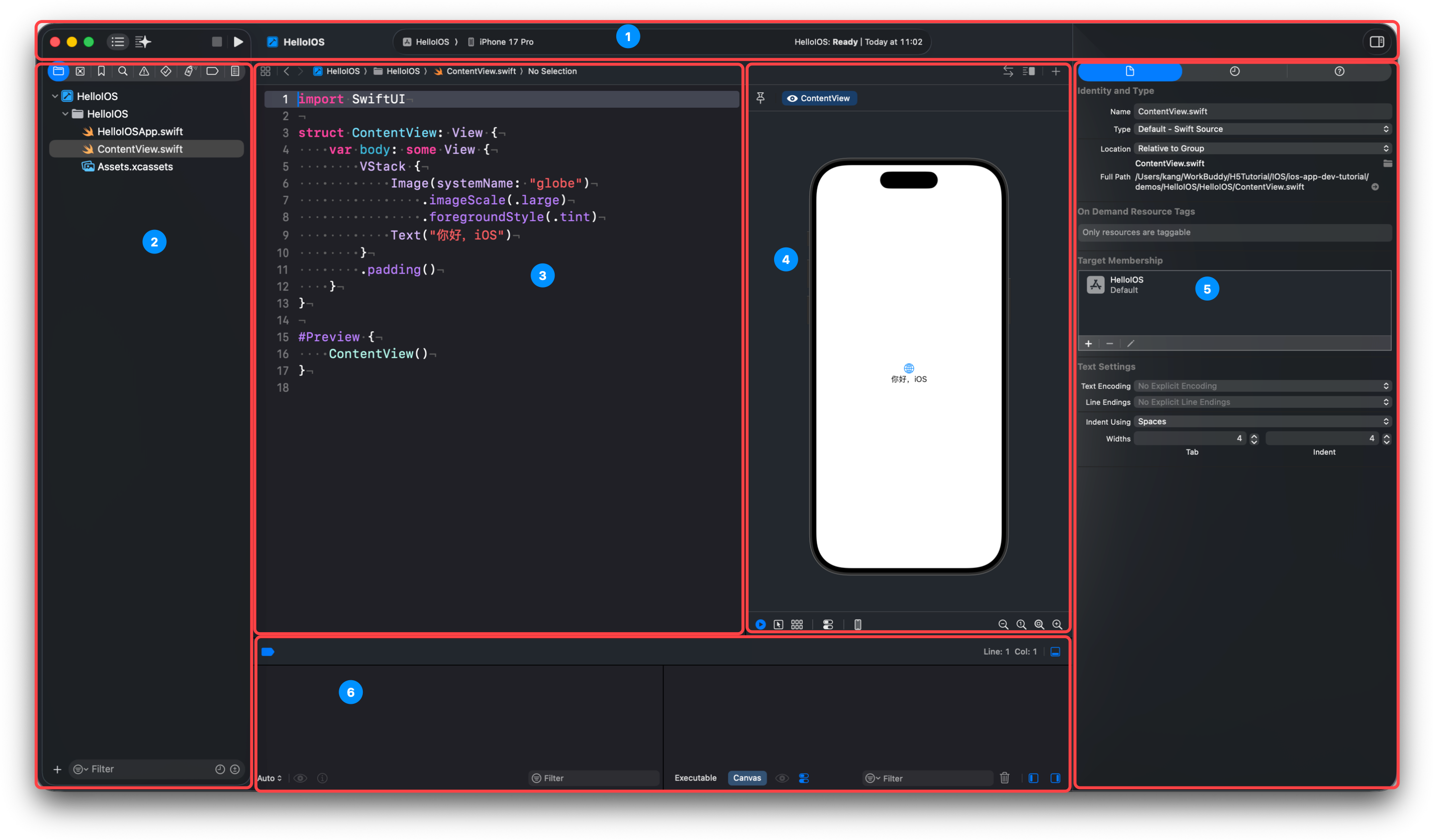 Xcode 主窗口分区：1工具栏 2导航器 3源码编辑器 4 Canvas预览 5检查器 6调试区