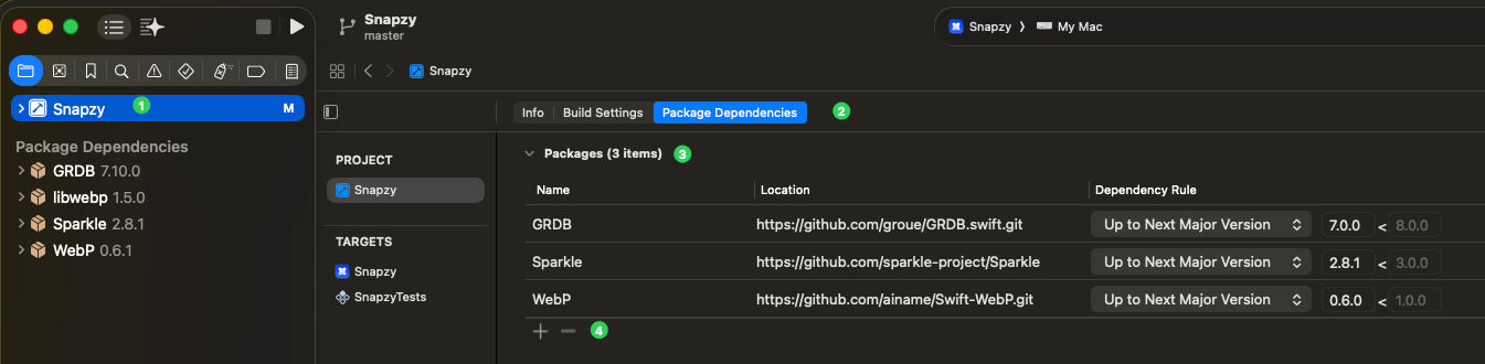 Xcode 工程 Package Dependencies 页签：1左侧工程名 2页签 3包列表 4加号