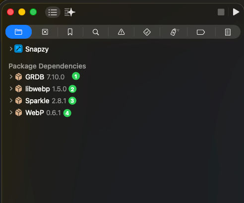 Xcode 导航器 Package Dependencies：1 GRDB 2 libwebp 3 Sparkle 4 WebP