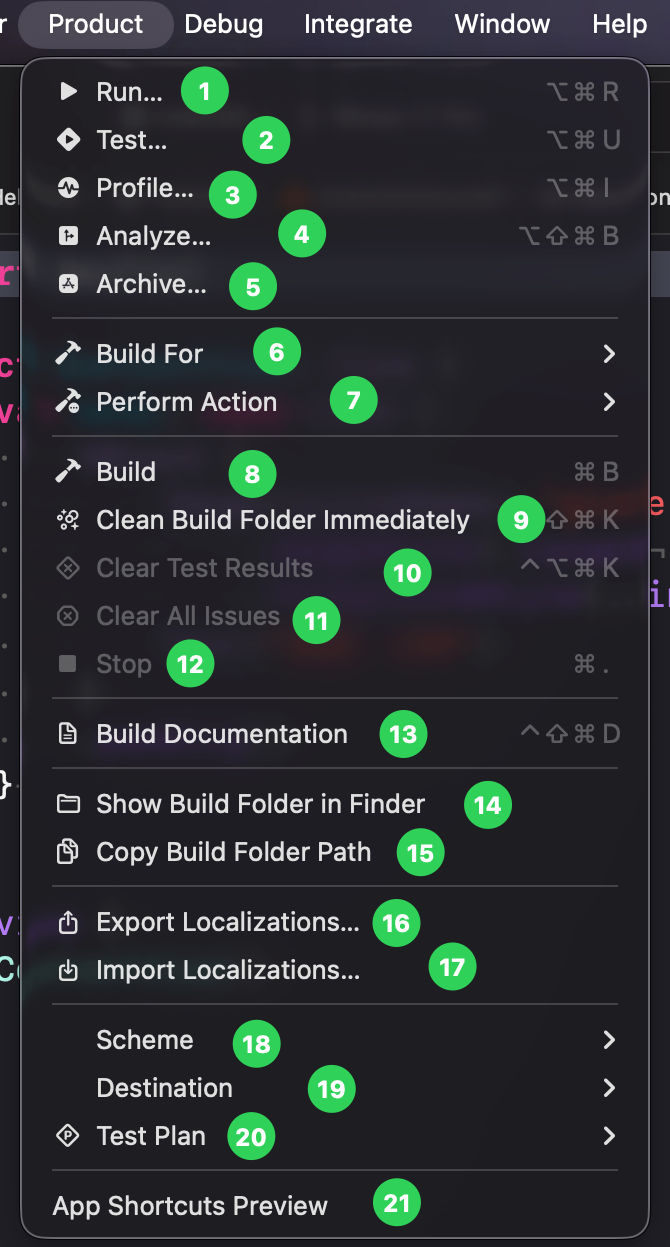 Xcode Product 菜单完整标注 1 到 21