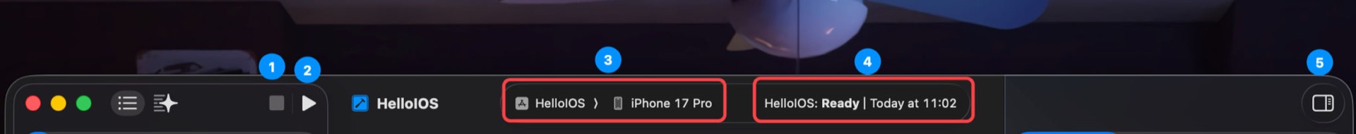 Xcode 工具栏标注：1停止 2运行 3 Scheme与设备 4状态 5检查器开关