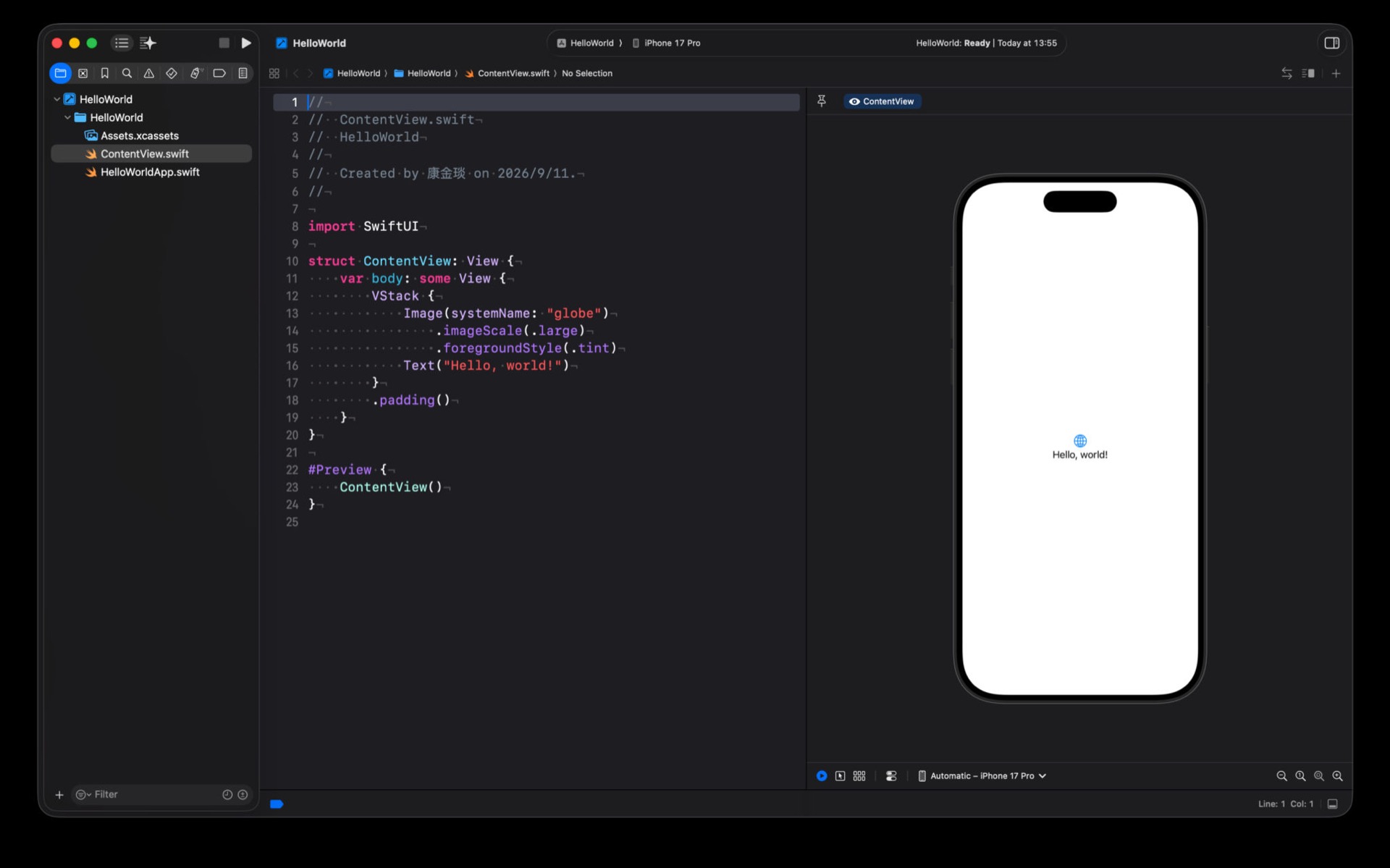 新建完成后的 Xcode：文件树、ContentView 源码与 Canvas 预览