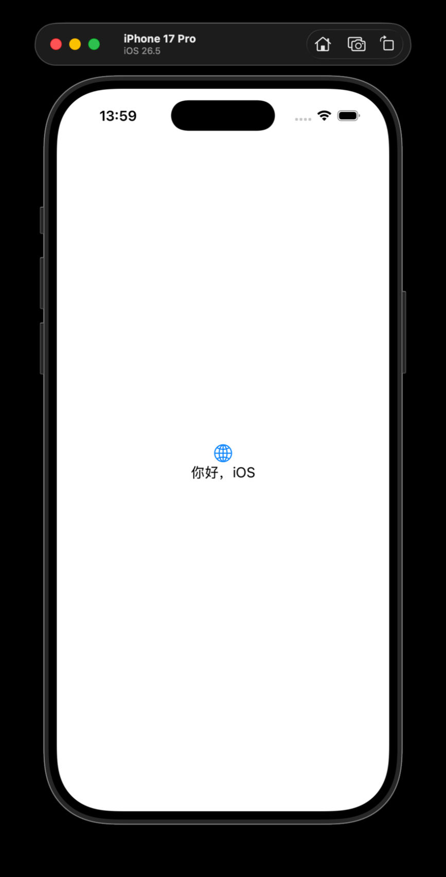iPhone 模拟器窗口显示你好 iOS