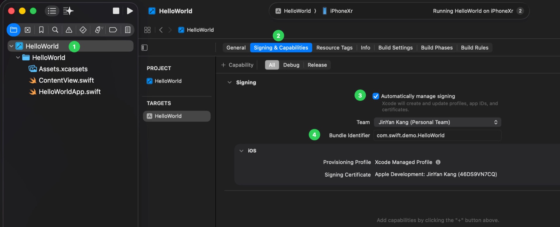 Signing & Capabilities：勾选 Automatically manage signing 并设置 Bundle Identifier