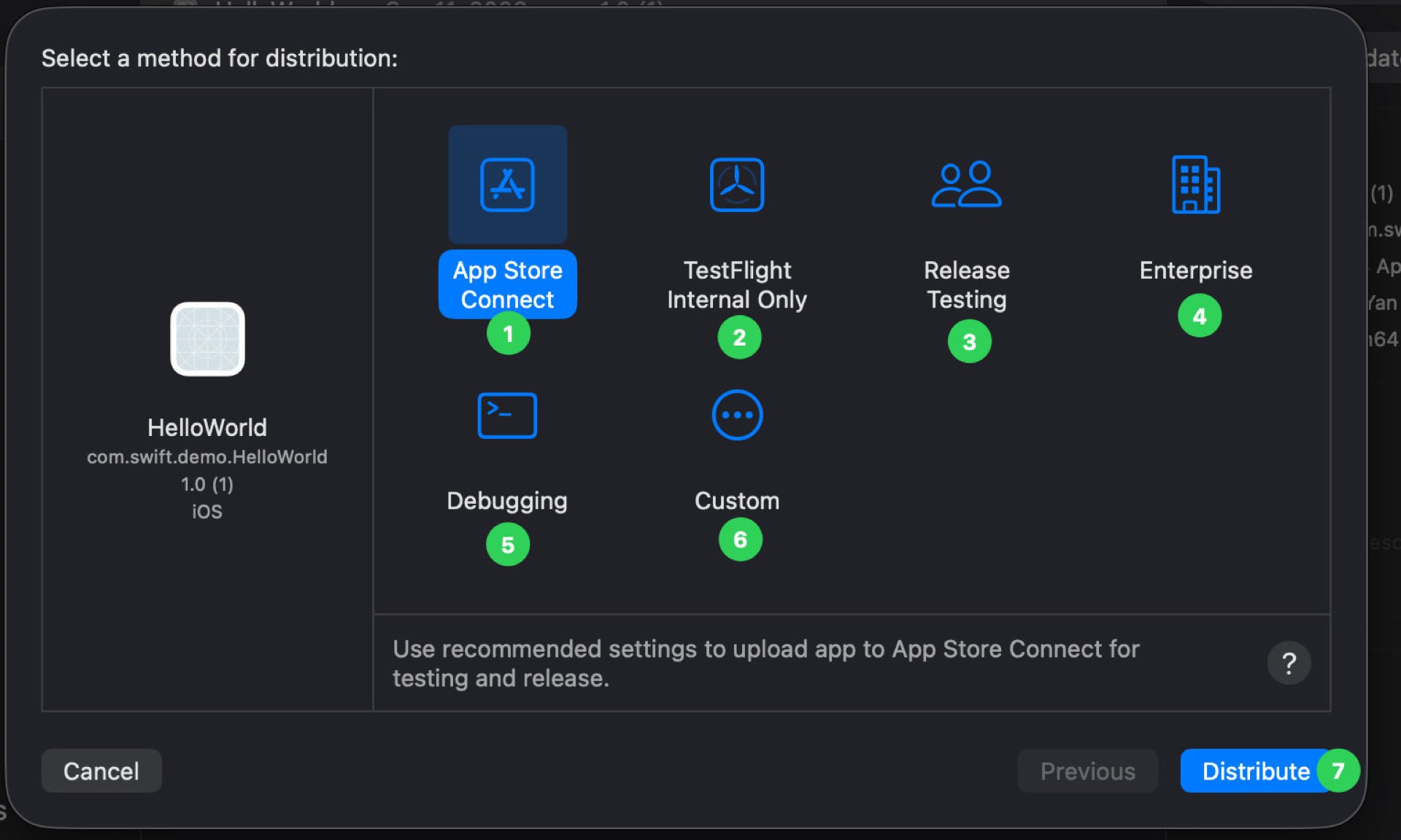 Select a method for distribution：选 App Store Connect 后点 Distribute